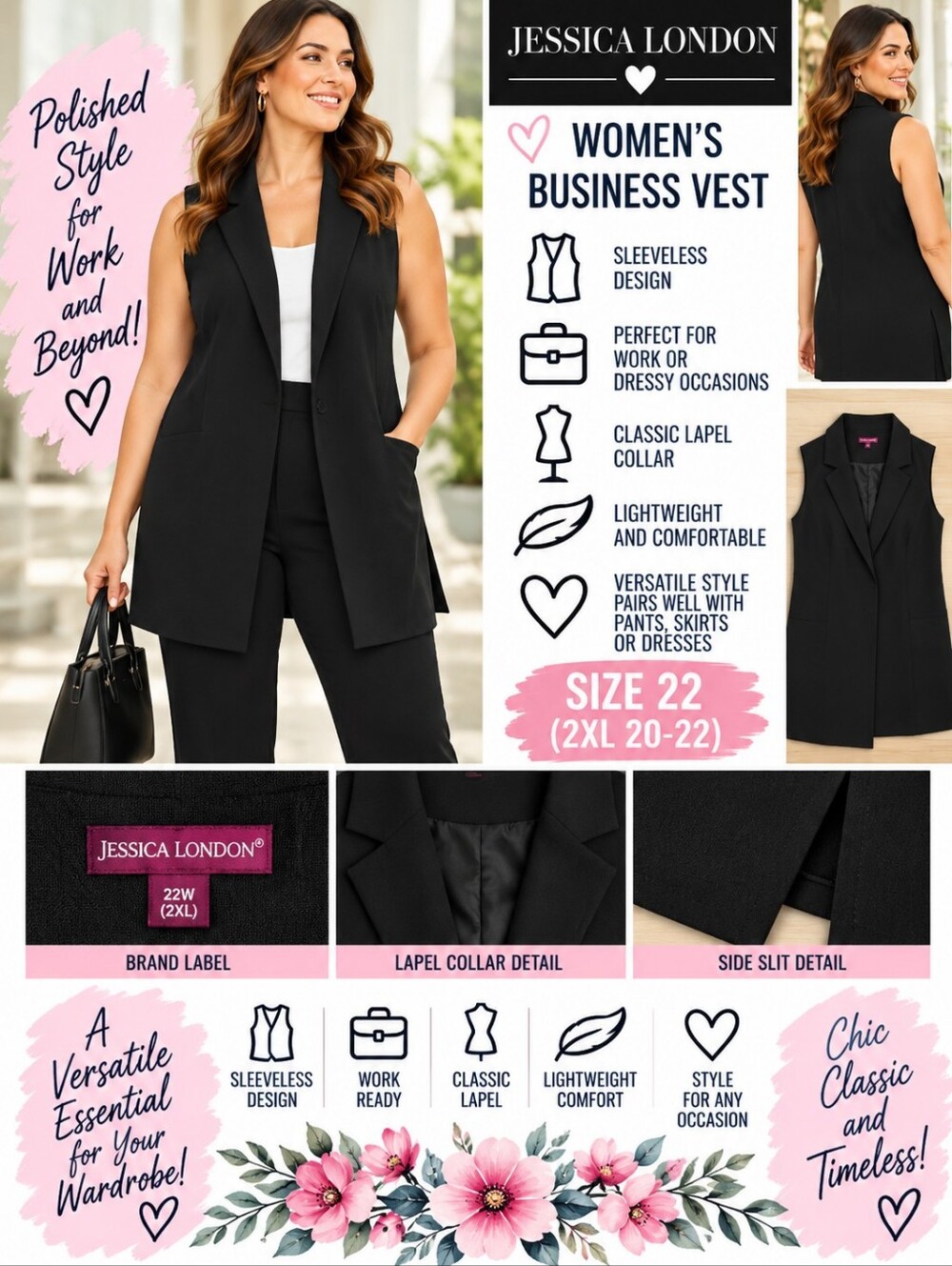 Jessica London women's size 22 black business vest #35